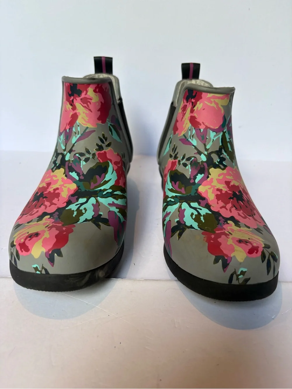 Chooka Women's Floral Rain Chelsea Booties - Gray with Pink Multi Accents Size 9